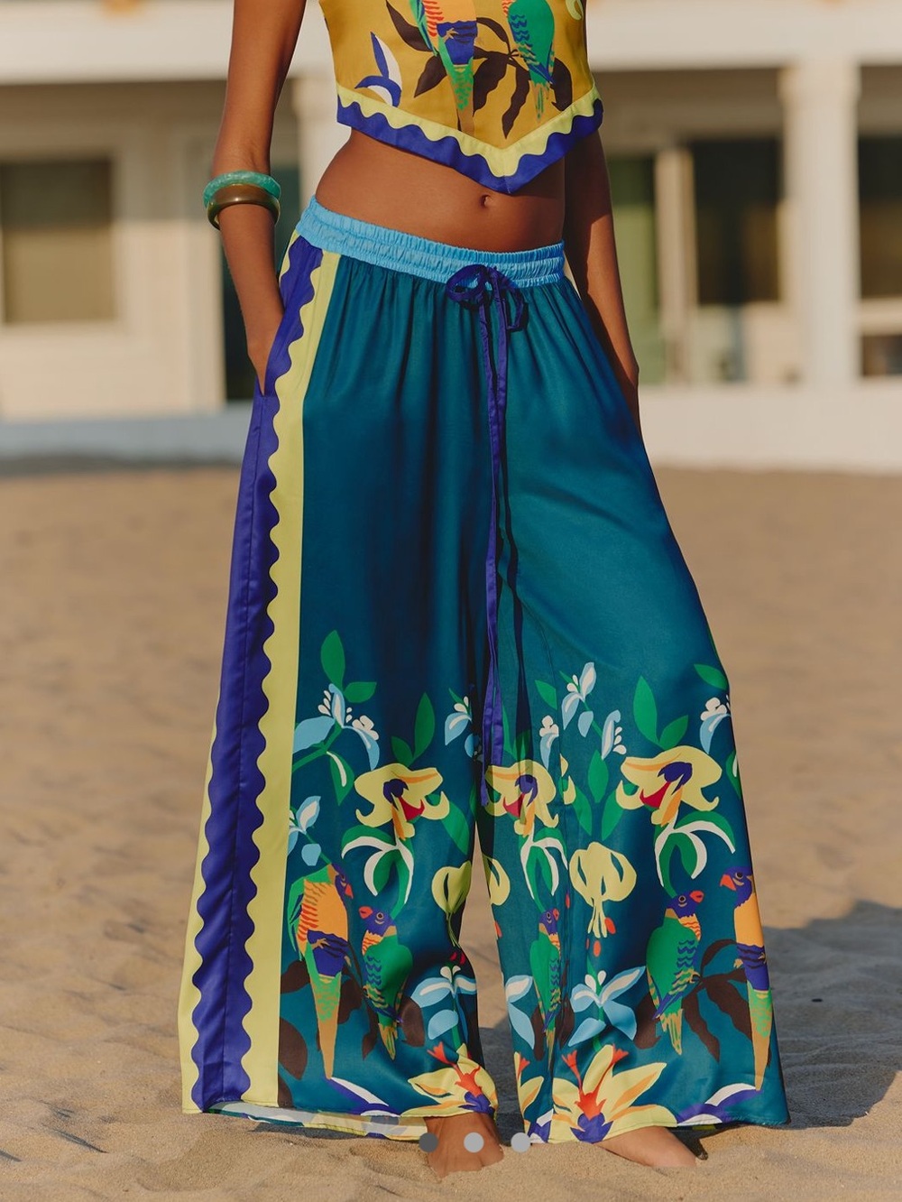 🦜Anthropologie Claire Colin Wide-Leg Pants Celandine NEW Blue Tropical SMALL - Picture 3 of 16